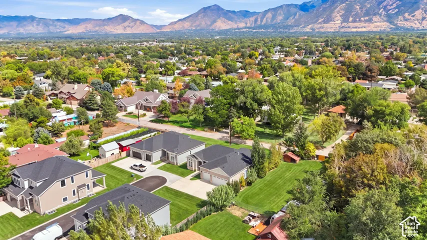 Lush landscaping with mature trees, expansive green spaces, mountain backdrop, and varied residential architecture
