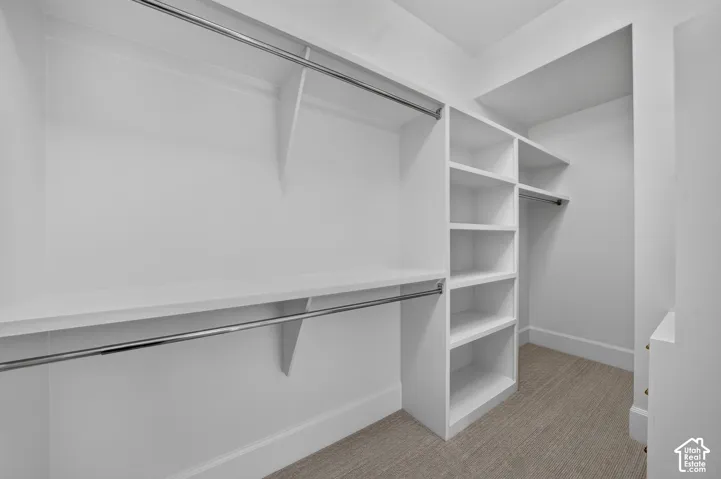 White built-in shelving, chrome hanging rods, custom closet system, and neutral carpeting