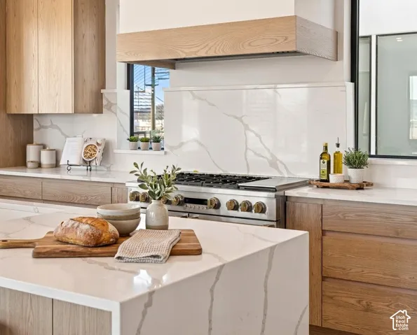Gourmet kitchen with sleek wood-finish cabinetry, a large kitchen island, and a stainless steel professional-grade range