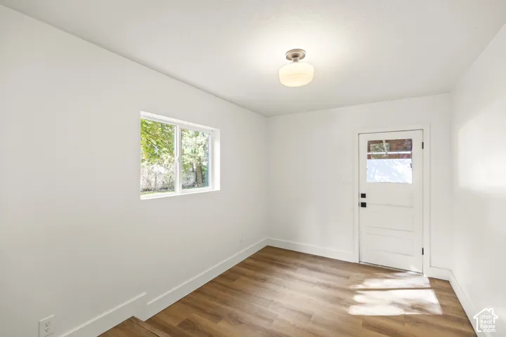 Wood-finish flooring, white walls, white trim, white door with glass panel, and a ceiling-mounted light fixture