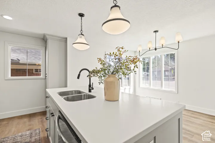 Kitchen island featuring a double basin stainless steel sink, black gooseneck faucet, and light-toned countertop