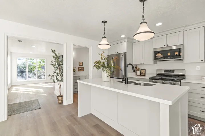Modern kitchen featuring white shaker cabinets, stainless steel appliances, a center island with sink, and wood-finish flooring