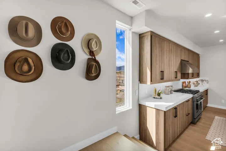 Modern kitchen featuring wood-finish cabinetry, white countertops, a stainless steel range hood, and a gas range