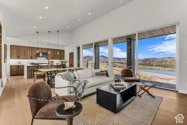 Spacious open-concept living area with soaring ceilings and wood-finish flooring