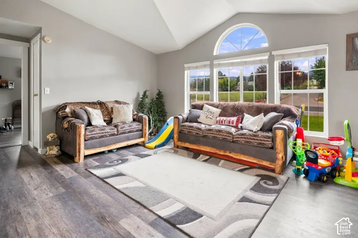 Vaulted ceiling, arched transom window, large picture windows, wood-finish flooring, and light gray wall paint