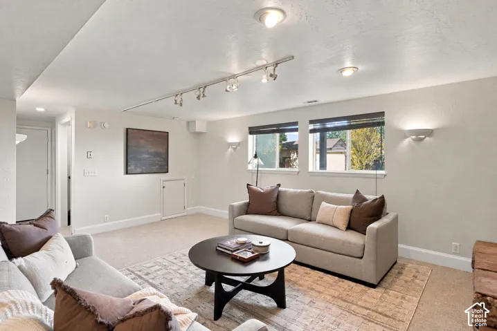 Recessed ceiling lighting, track lighting, carpeted flooring, and multiple windows