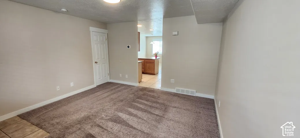 Carpeted room with neutral wall paint and a single panel door