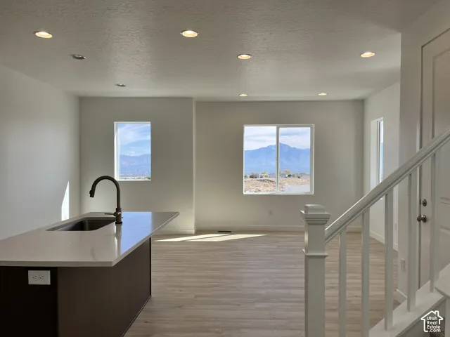 Kitchen island with an undermount sink and gooseneck faucet, light-toned wood-finish flooring, recessed lighting, and white walls