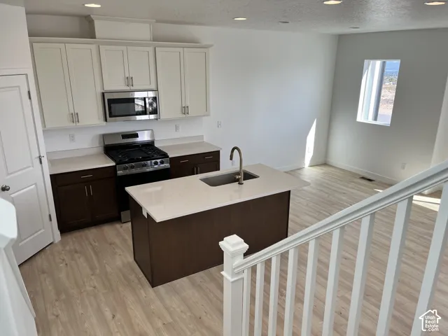 Kitchen featuring light-finish cabinetry, dark-finish base cabinetry, stainless steel appliances, and an island with an undermount sink