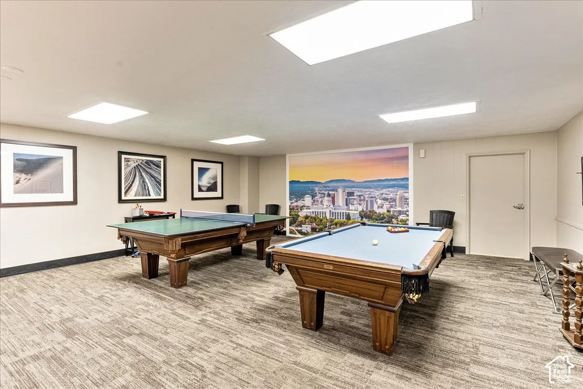 Recessed lighting, patterned carpeting, neutral wall paint, and a built-in wall mural