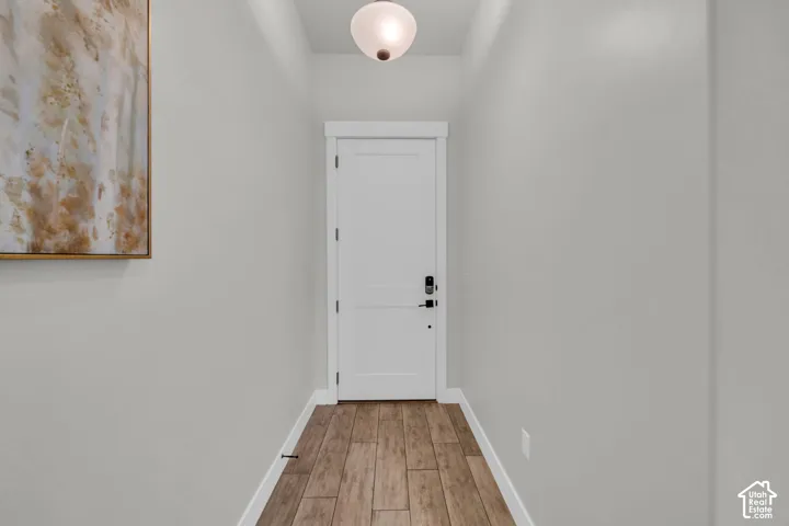 Neutral wall paint, wood-finish flooring, white paneled door, and recessed lighting