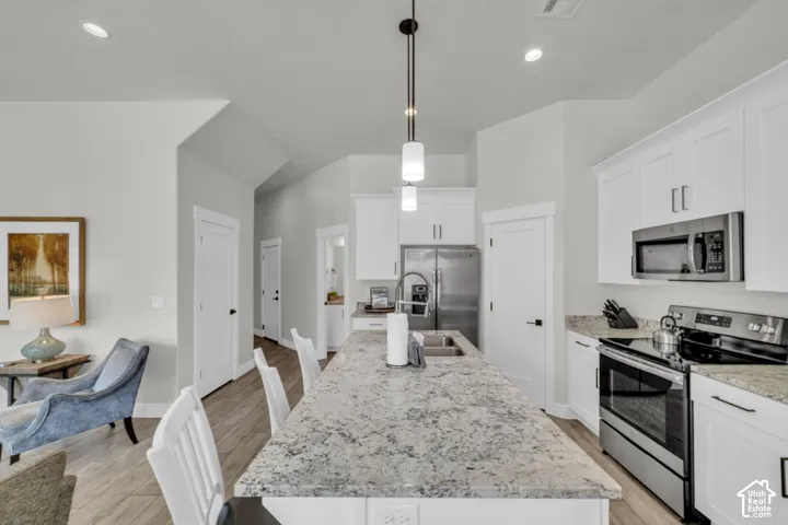 Kitchen featuring white cabinetry, stainless steel appliances, granite countertops, a large island with an integrated sink, and recessed lighting