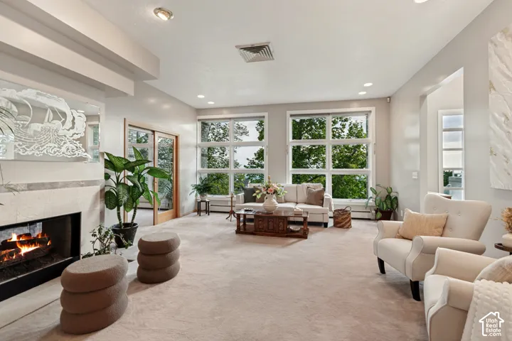 Formal living room with fireplace and valley views from windows