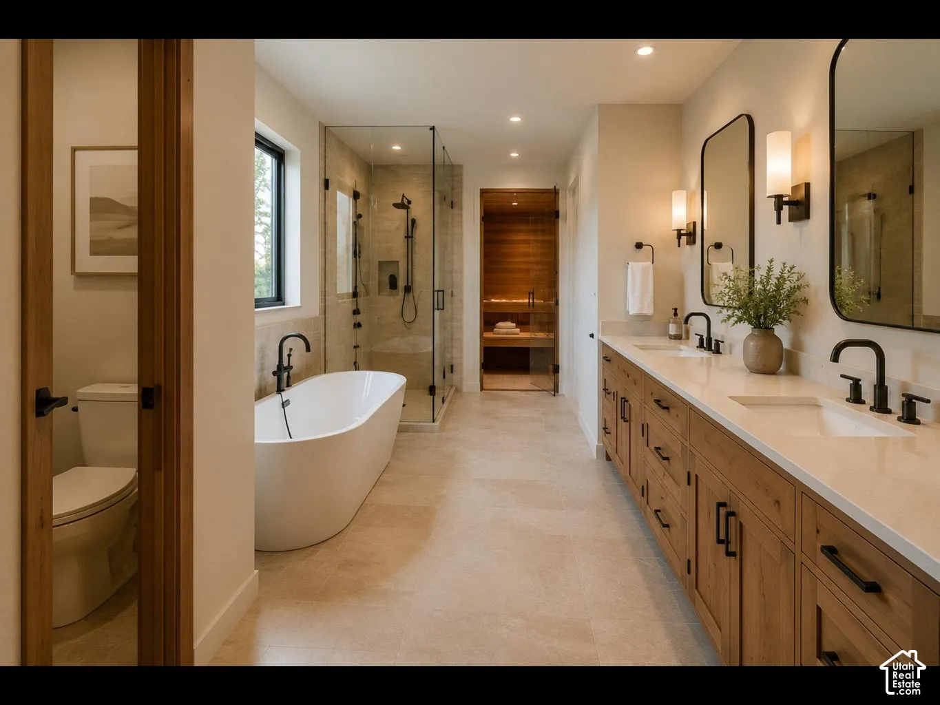 Dual vanity with integrated sinks, freestanding soaking tub, glass-enclosed shower, and wood-finish cabinetry