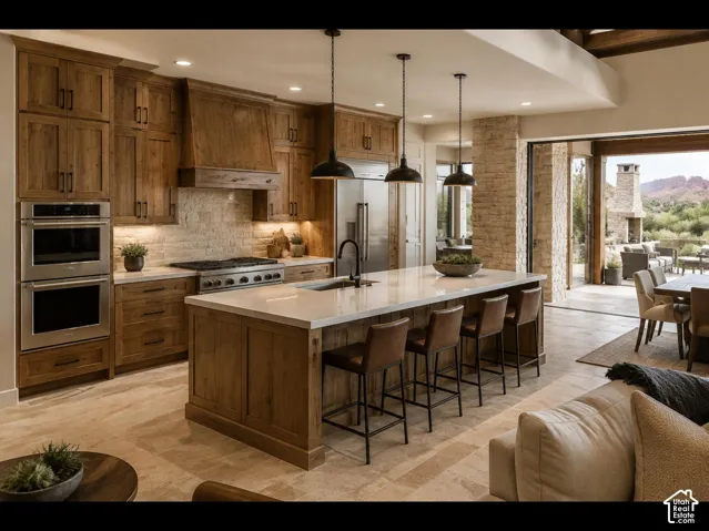 Gourmet kitchen with wood-finish cabinetry, stainless steel double ovens, a large center island with seating, and stone flooring