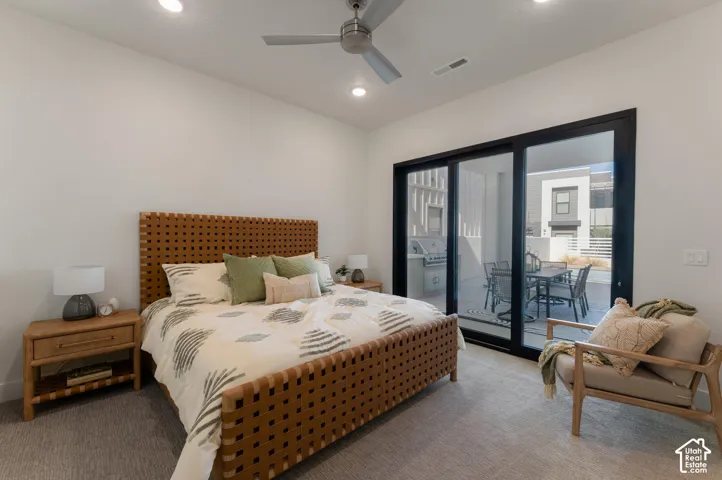Recessed lighting, ceiling fan, carpeted flooring, sliding glass patio doors, and private patio with built-in barbecue