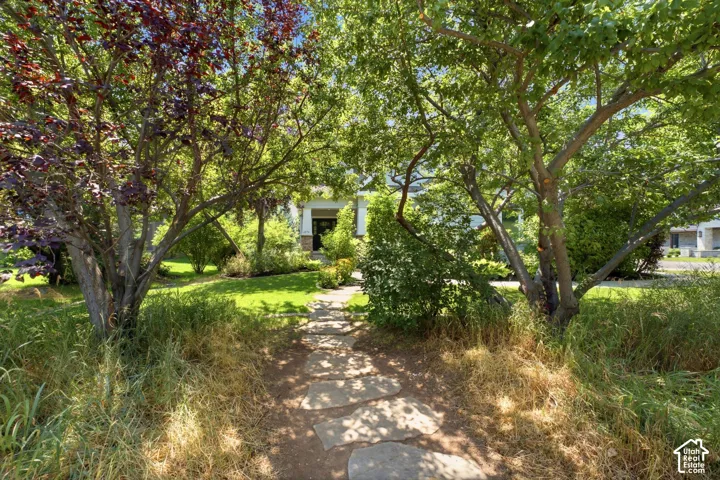Manicured front lawn with mature trees and a stone pathway leading to the home's entrance