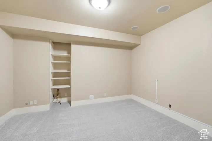 Recessed ceiling speakers, built-in shelving, flush-mount ceiling light, and light-tone carpeting
