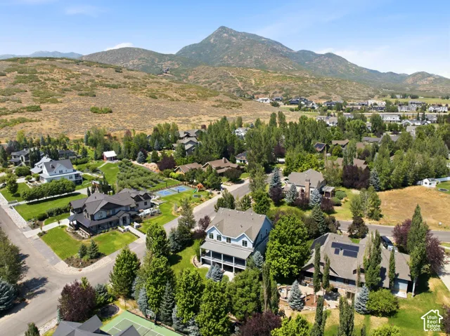 Residential neighborhood with mature trees, mountain backdrop, and varying property sizes