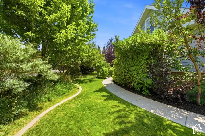Curved concrete pathway bordering a lush lawn, mature trees, and dense green landscaping
