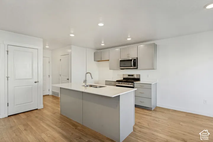 Kitchen featuring a central island, light wood-finish flooring, recessed lighting, stainless steel appliances, and grey cabinetry