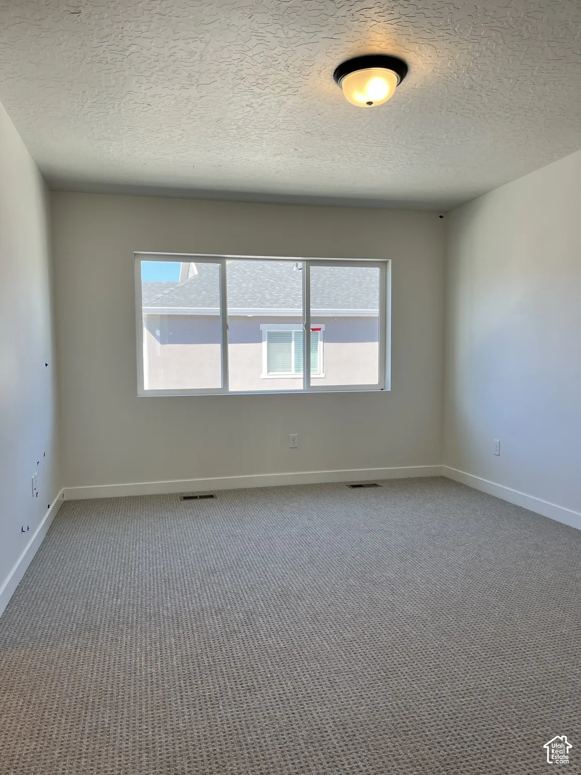 Neutral-toned carpet flooring, white walls, and a multi-pane window with a white frame