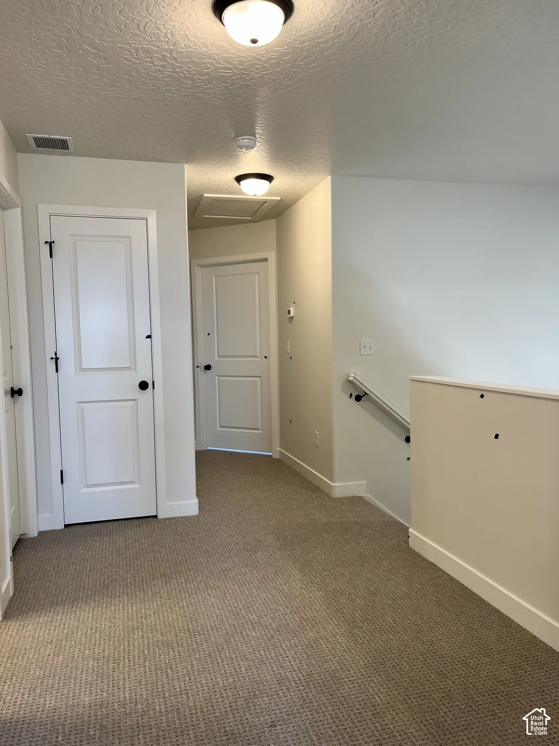 Textured carpet flooring, white interior doors, black door hardware, black handrail, flush mount ceiling lights