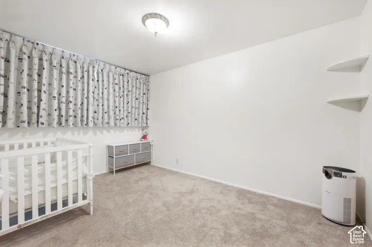 Wall-to-wall carpeting with light-toned walls and built-in wall shelves