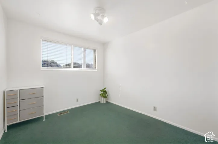 White walls with green carpeting, featuring a multi-pane window with horizontal blinds and a ceiling-mounted triple spotlight fixture