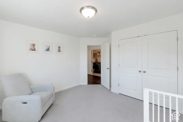 Light-colored carpeting, white walls, and a flush mount ceiling light fixture