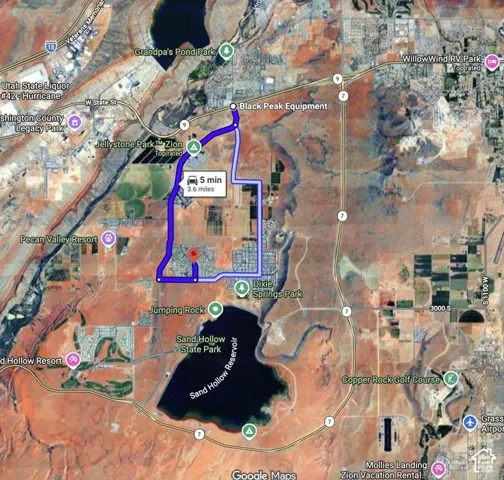 Google Maps Route. Depicting a travel route between two points within the depicted geographic area