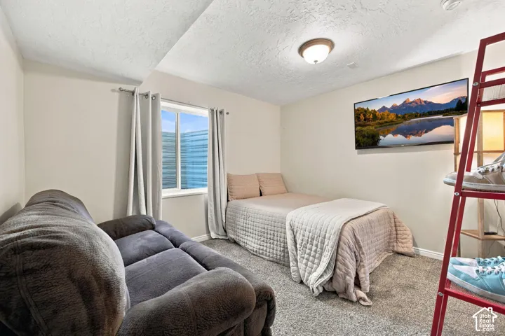 Carpeted flooring, recessed window, ceiling-mounted light fixture, light-toned walls, and white trim