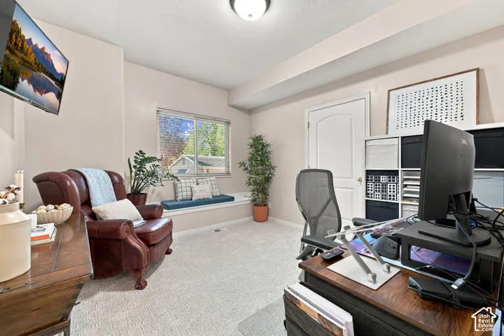 Recessed ceiling lighting, light-colored carpeting, window with blinds, window seat, and built-in storage shelving