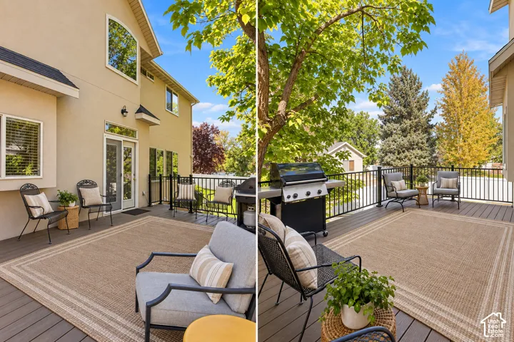 Expansive outdoor deck right off the kitchen, featuring Trex decking, black metal railing, and a sliding glass door entry