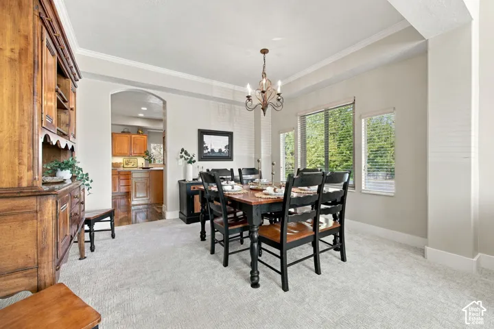 Carpeted dining area featuring a chandelier, multiple windows, and crown molding
