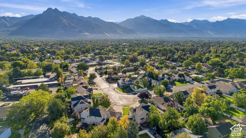 Expansive neighborhood setting with mature trees and mountain backdrop