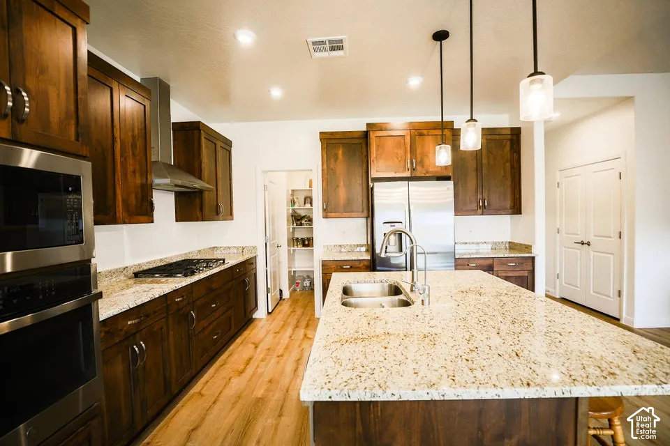 Kitchen featuring a large island with a double basin sink, stainless steel appliances, wood-finish flooring, recessed lighting, and a walk-in pantry