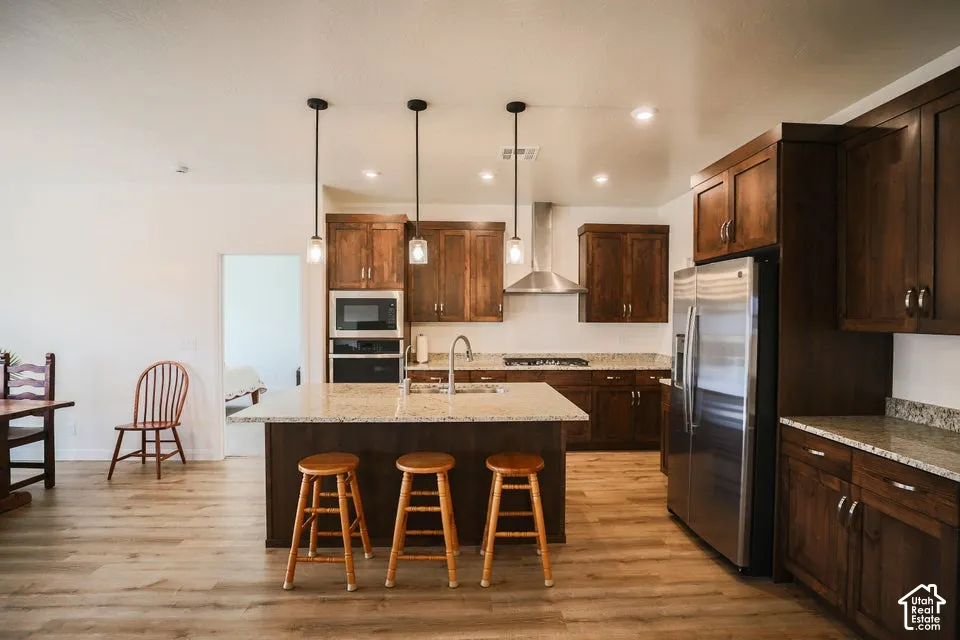 Kitchen featuring wood-finish flooring, dark wood cabinetry, stainless steel appliances, and a central island with a sink and pendant lighting