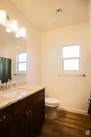 Wood-finish flooring, dark wood-tone vanity with dual cabinet doors and drawers, light granite-style countertop with an undermount sink, and a multi-bulb vanity light fixture
