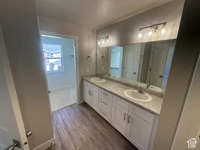 Dual vanity with white cabinetry and chrome hardware, expansive mirror, wood-finish flooring, and recessed lighting