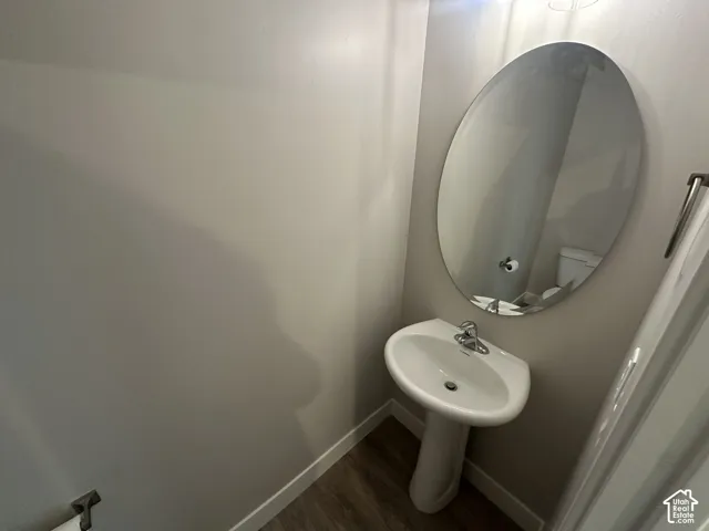 Pedestal sink with chrome faucet, oval mirror, and wood-finish flooring