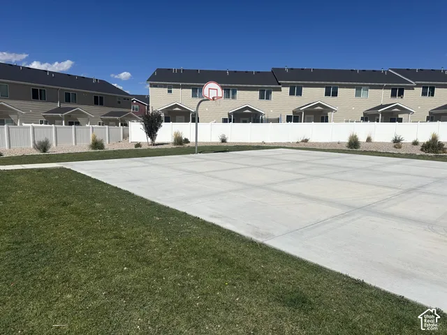 Hardscaping with concrete court and basketball hoop