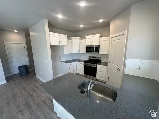 Kitchen featuring white shaker-style cabinetry, stainless steel appliances, a quartz countertop island with an undermount sink, recessed lighting, and wood-finish flooring