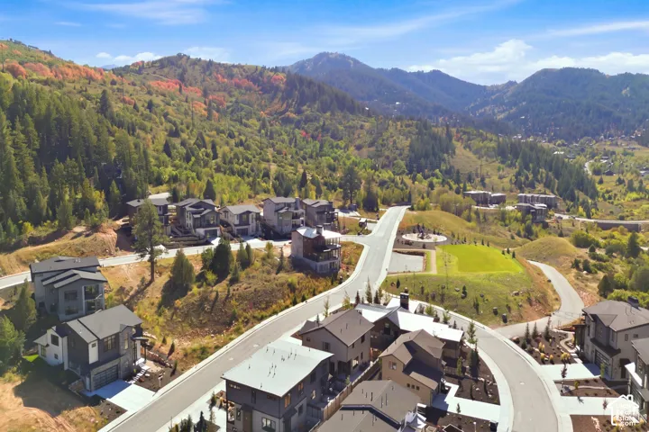 Mountainous terrain with mature trees, modern residential architecture, paved roadways, and landscaped common areas