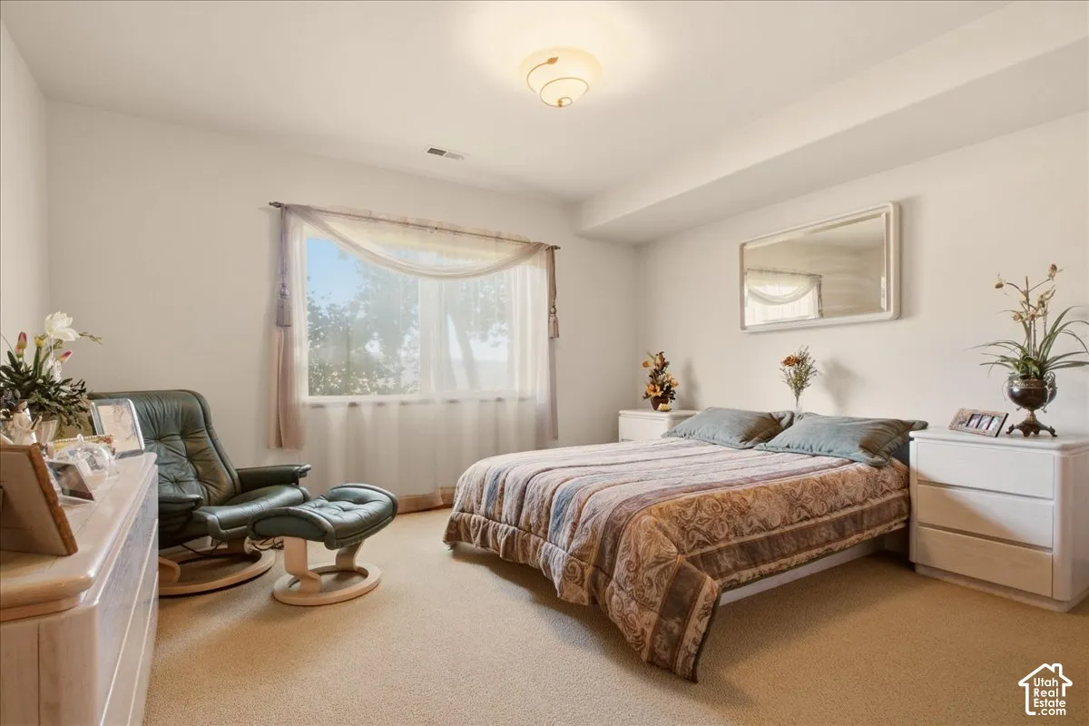 Carpeted bedroom featuring a large window with a spectacular view