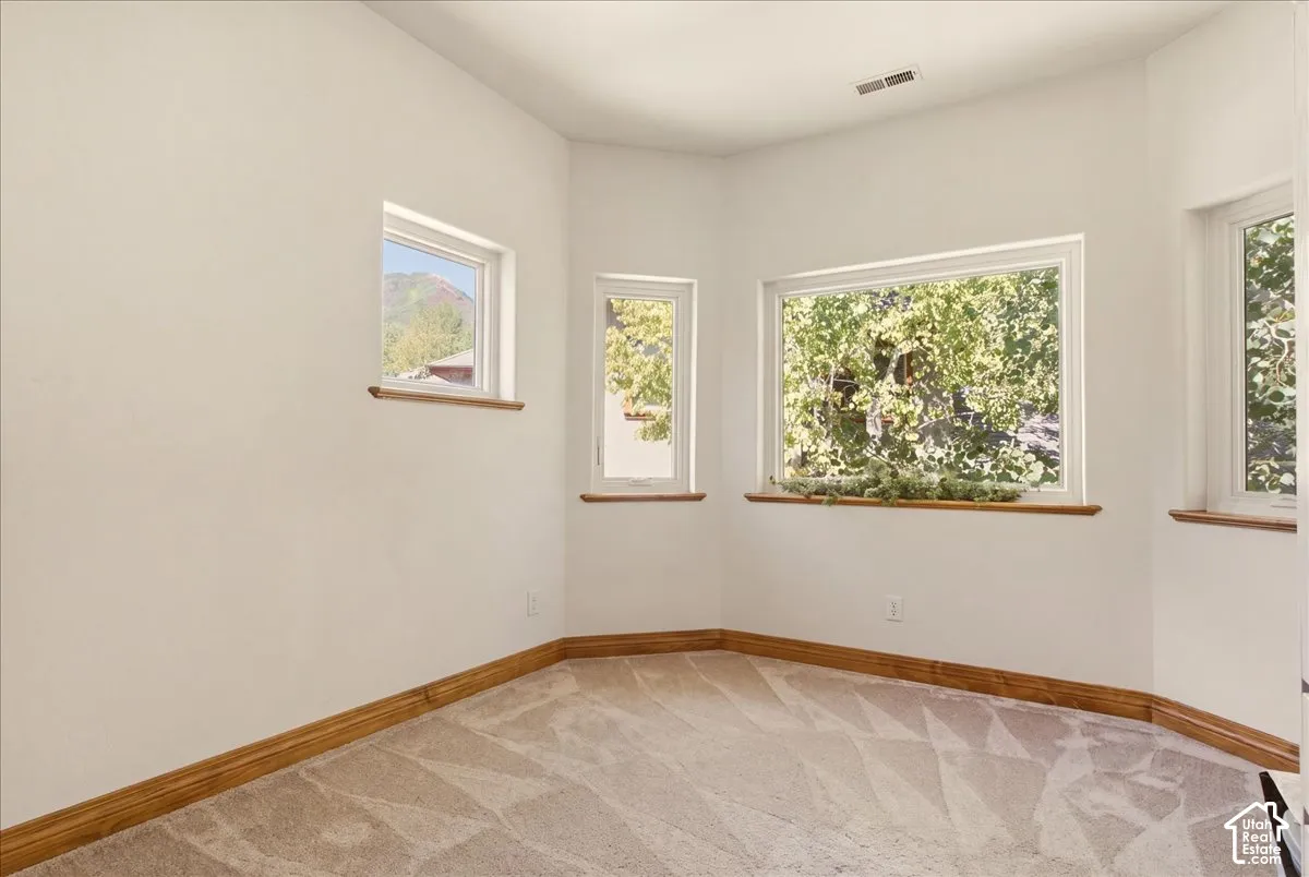 Bedroom/office featuring multiple windows with wood-finish sills