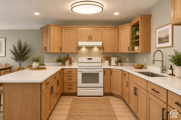 U-shaped kitchen featuring wood cabinetry, white countertops, an undermount sink with a gooseneck faucet, and white appliances