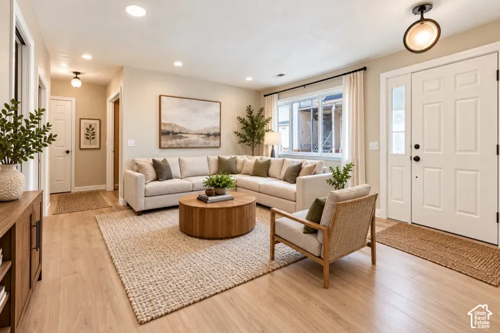 Spacious living area featuring wood-finish flooring, recessed lighting, a multi-pane window, and a white paneled entry door with sidelights