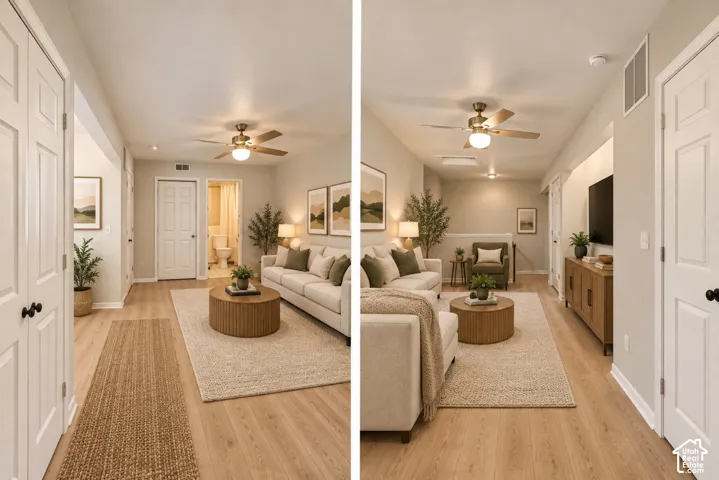Light-toned wood-finish flooring extends throughout, complemented by a ceiling fan with integrated lighting