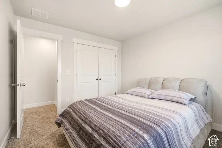 Neutral wall paint throughout, plush carpet flooring, and a flush mount ceiling light fixture